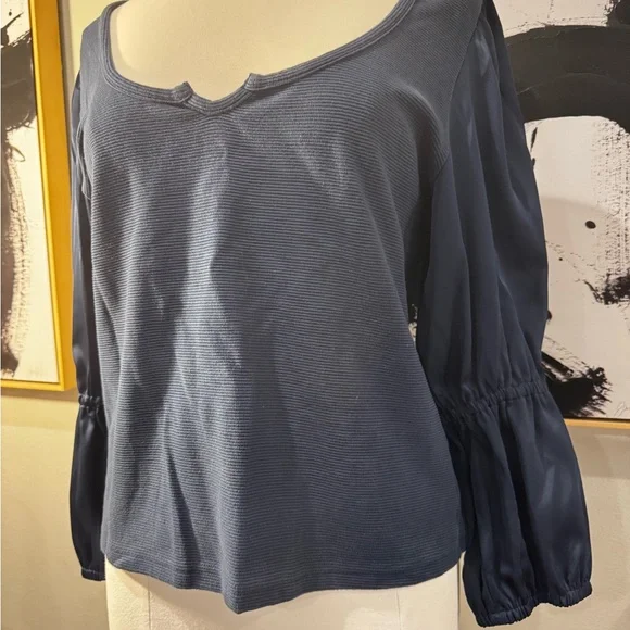 Anthropologie Maeve XL Blue Ribbed Satin Tiered Balloon Sleeve Shirt - Picture 7 of 12